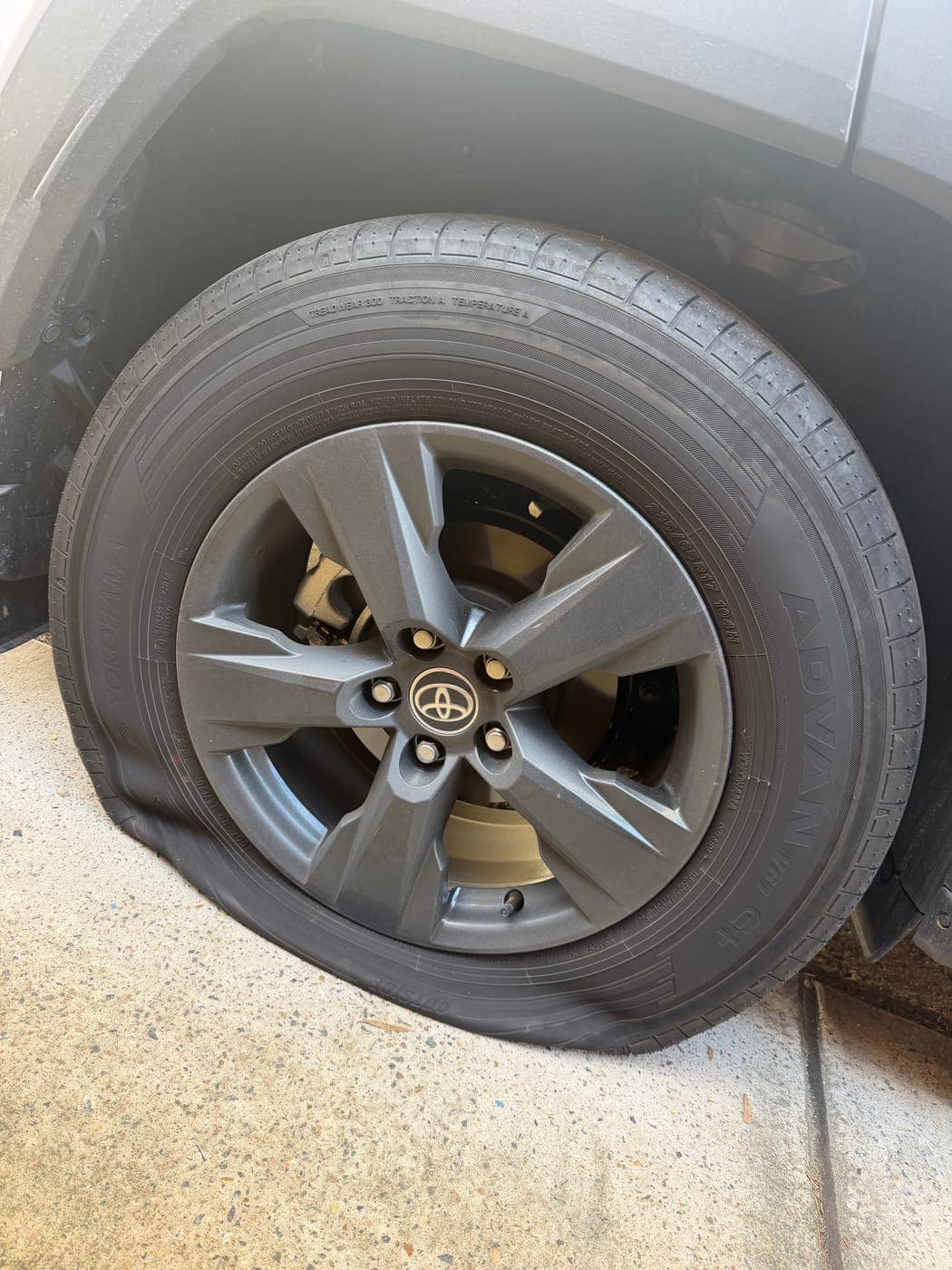 Punctured Toyota RAV4 tyre before replacement in Bass Hill