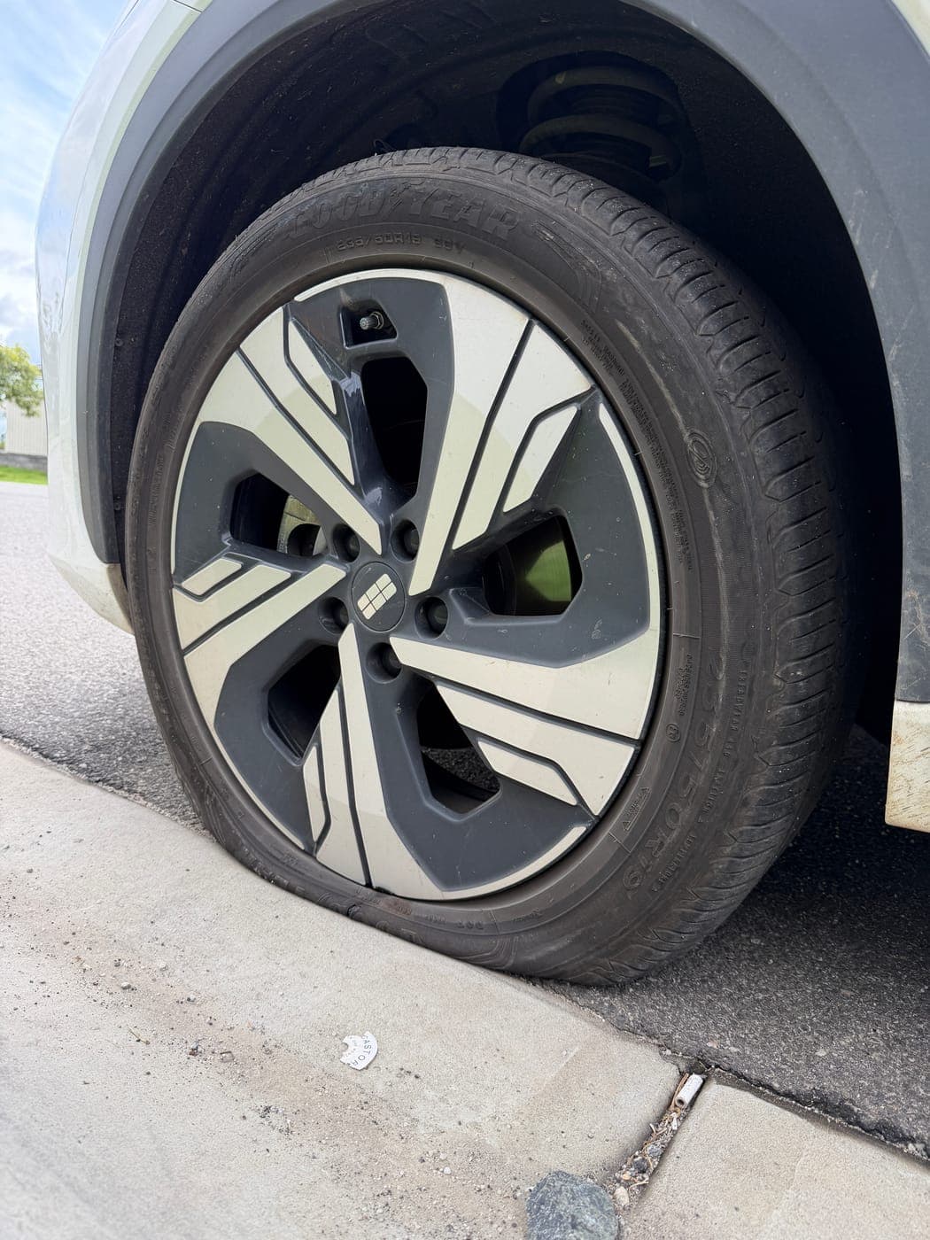 Geely tyre with a split sidewall before replacement in Gledswood Hills
