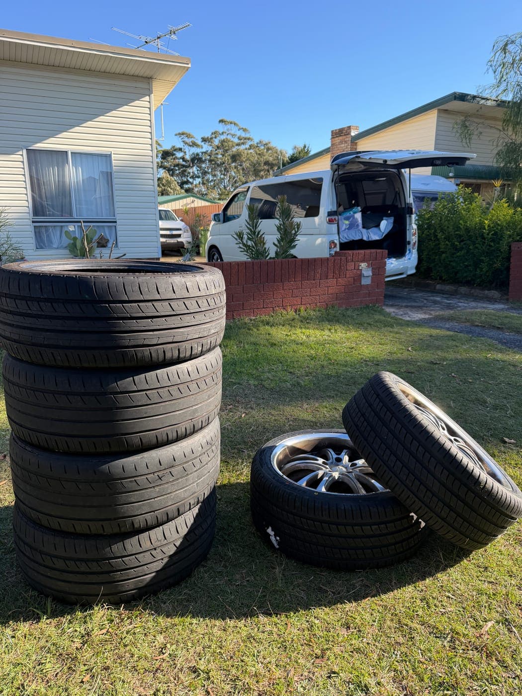 New tyre set fitted to a Nissan Elgrand at home in Heathcote