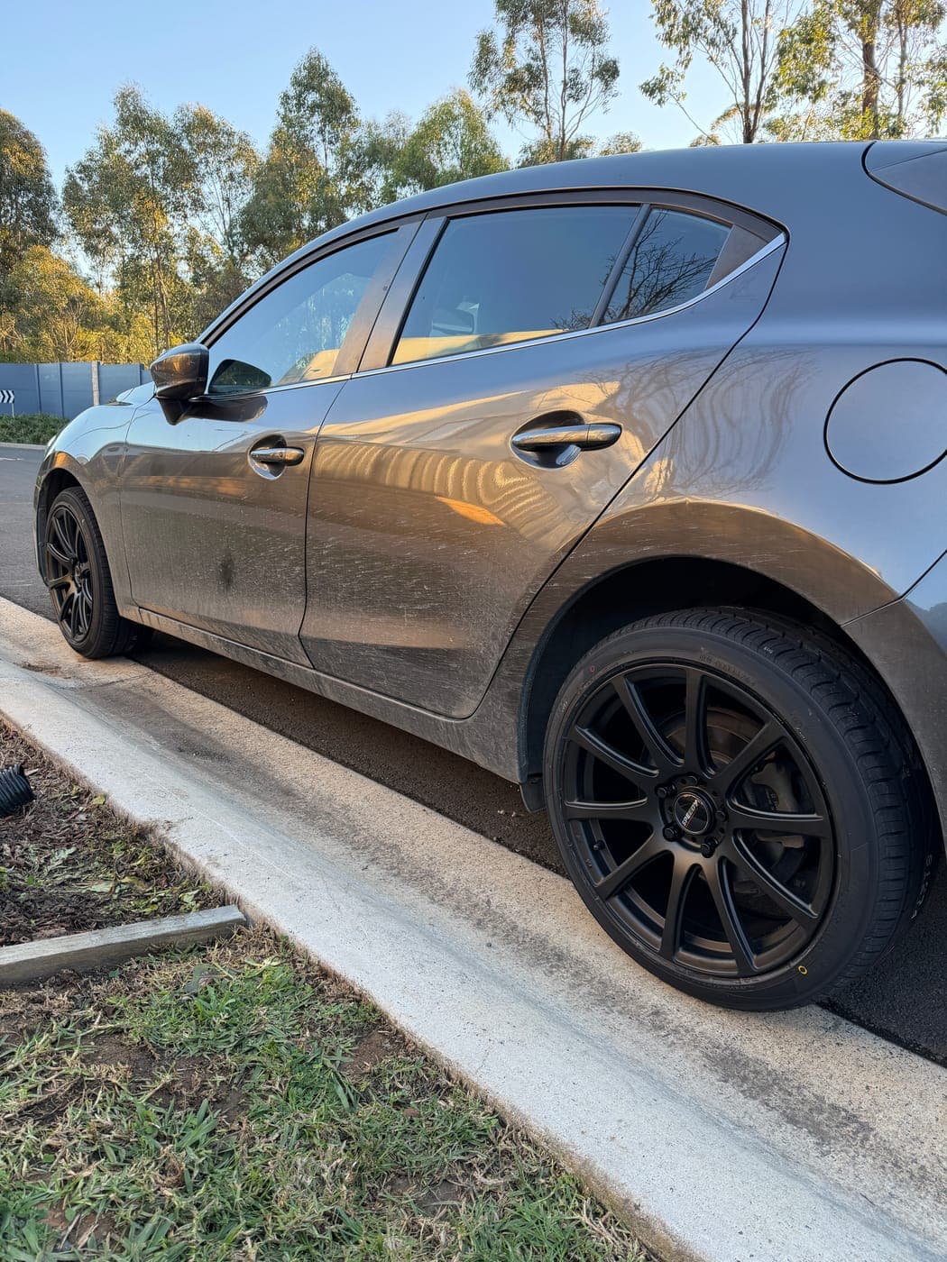 New aftermarket wheel and tyre fitted to a Mazda 3 in Leppington by Top Tier Mobile Tyres