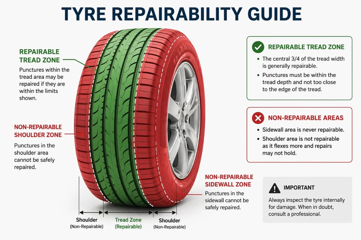 Tyre repairability guide: the central tread zone is generally repairable, while punctures in the shoulder and sidewall areas cannot be safely repaired